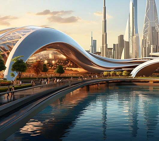 A futuristic skyscraper wrapped in smart glass with AI-integrated systems.